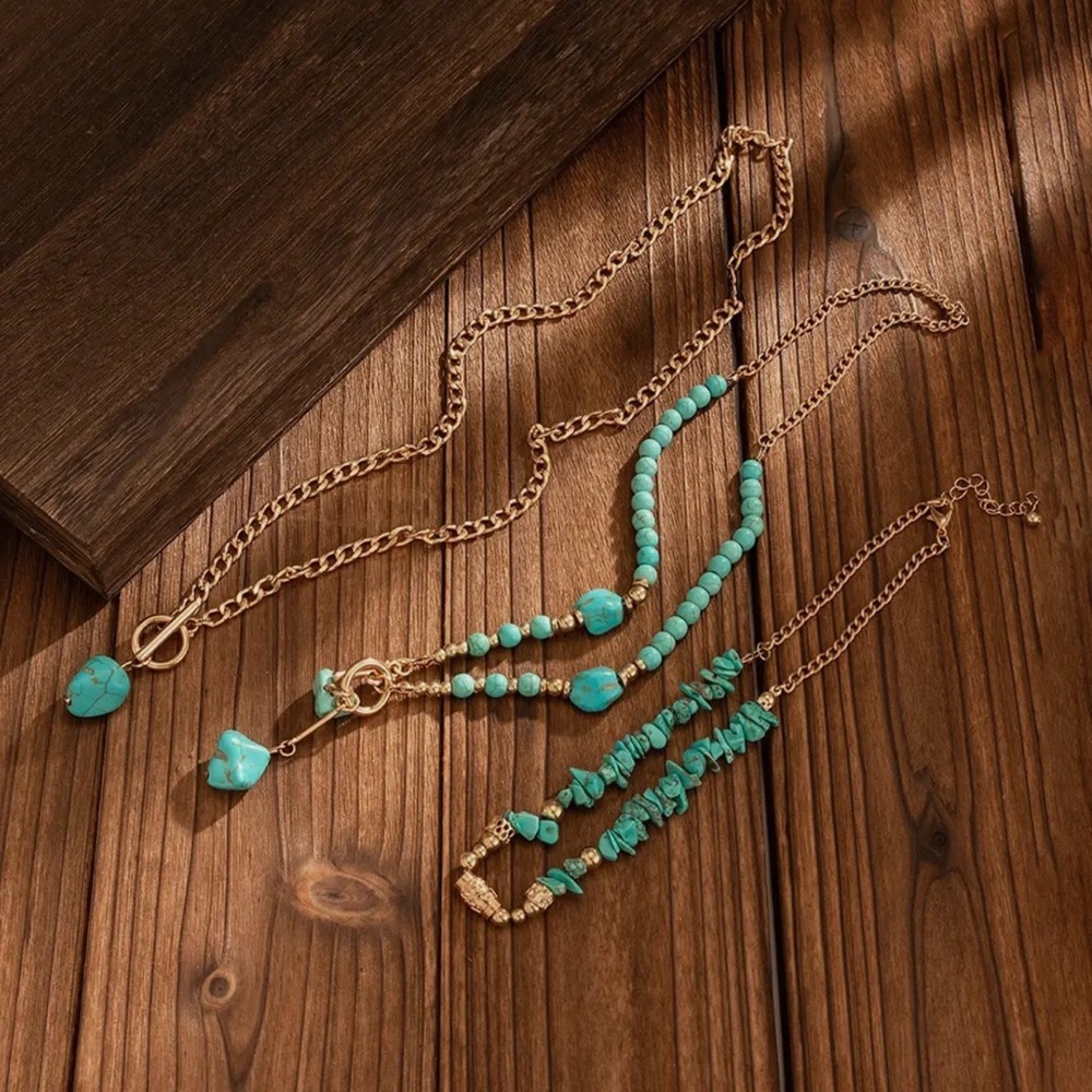 Turquoise and Gold Layered Necklace Set - Picture 3 of 5
